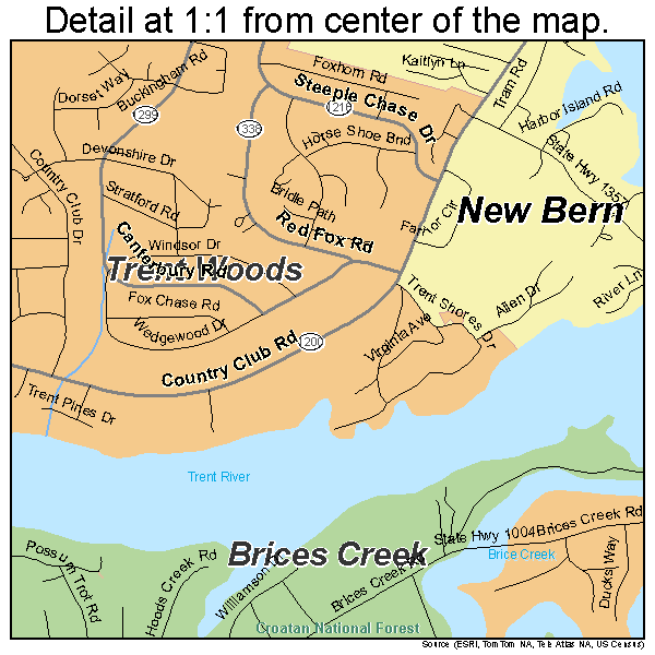 New Bern, North Carolina road map detail
