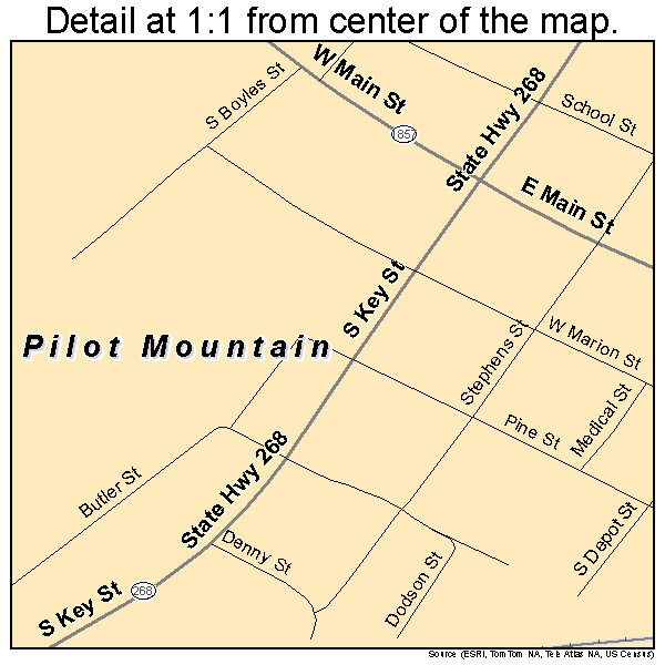 Pilot Mountain, North Carolina road map detail