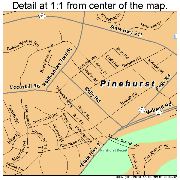 Pinehurst, North Carolina road map detail