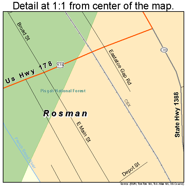 Rosman, North Carolina road map detail
