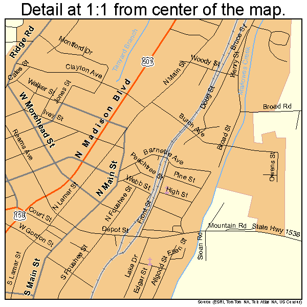 Roxboro, North Carolina road map detail