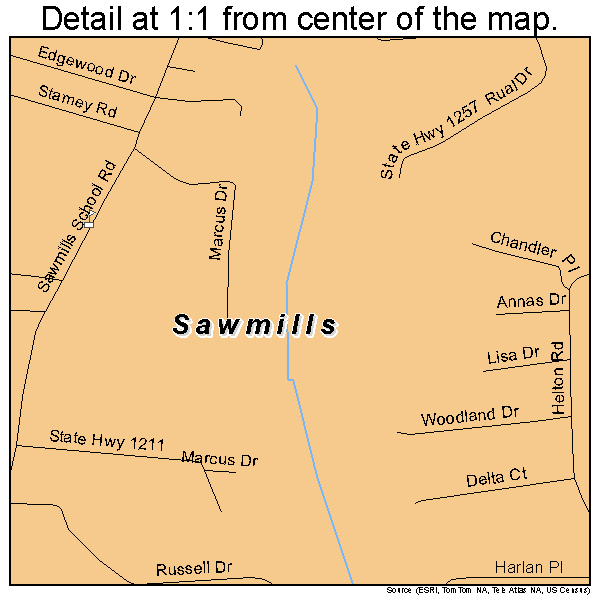 Sawmills, North Carolina road map detail
