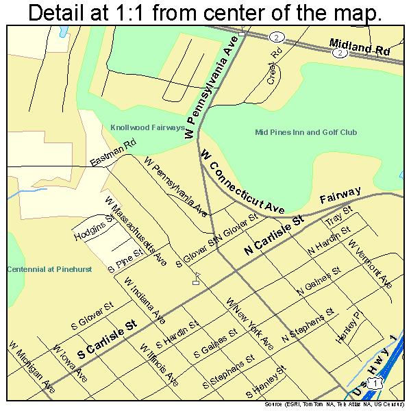 Southern Pines, North Carolina road map detail