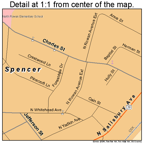 Spencer, North Carolina road map detail