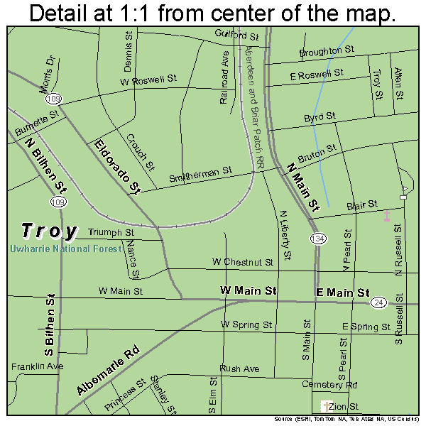 Troy, North Carolina road map detail