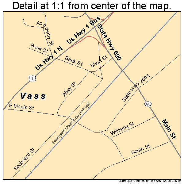 Vass, North Carolina road map detail