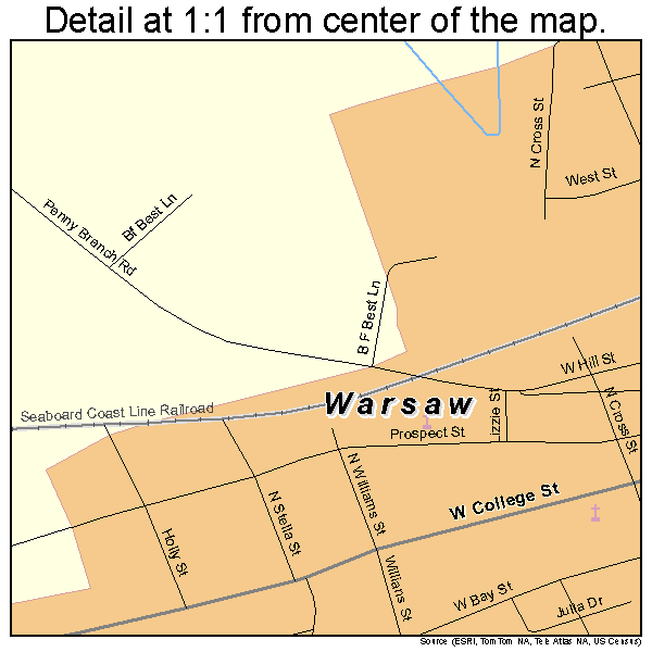 Warsaw, North Carolina road map detail