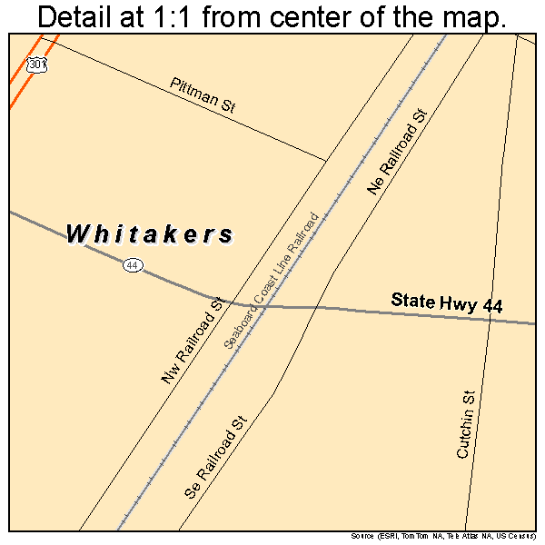 Whitakers, North Carolina road map detail