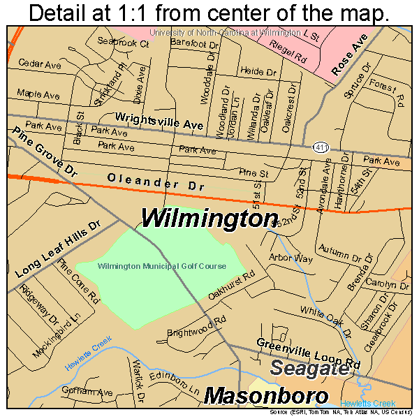 Wilmington, North Carolina road map detail
