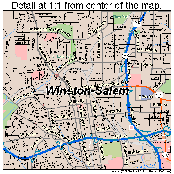 Winston-Salem, North Carolina road map detail