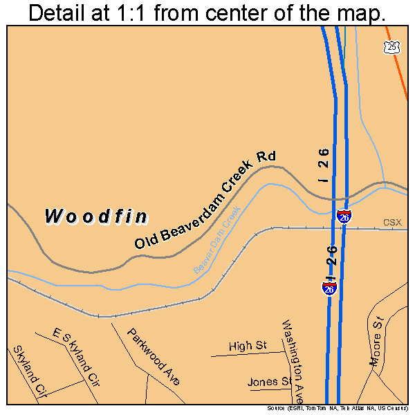 Woodfin, North Carolina road map detail