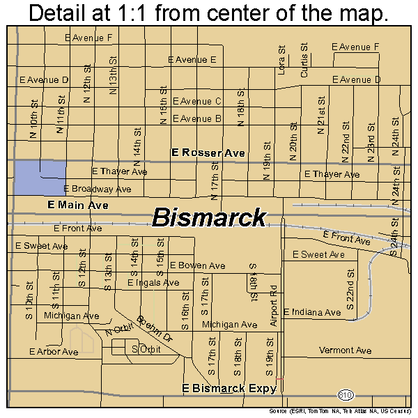 Bismarck, North Dakota road map detail