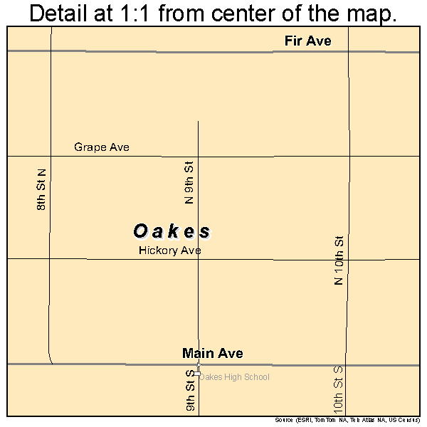 Oakes, North Dakota road map detail