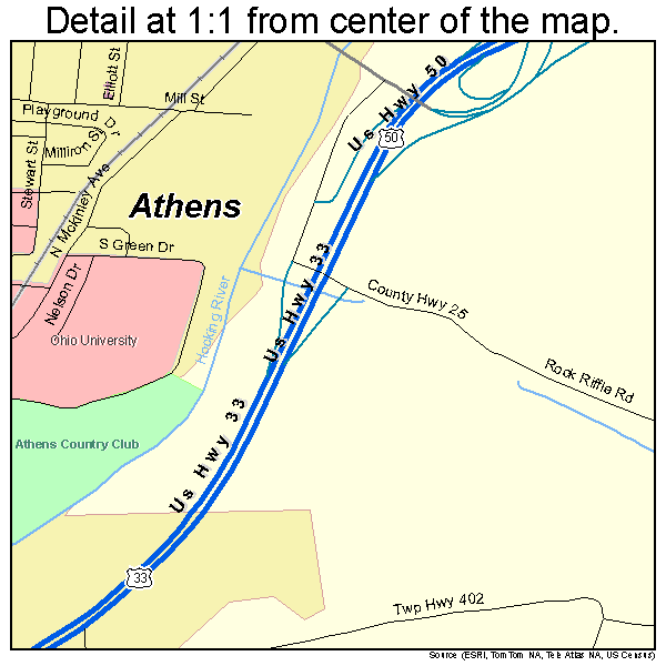 Athens, Ohio road map detail