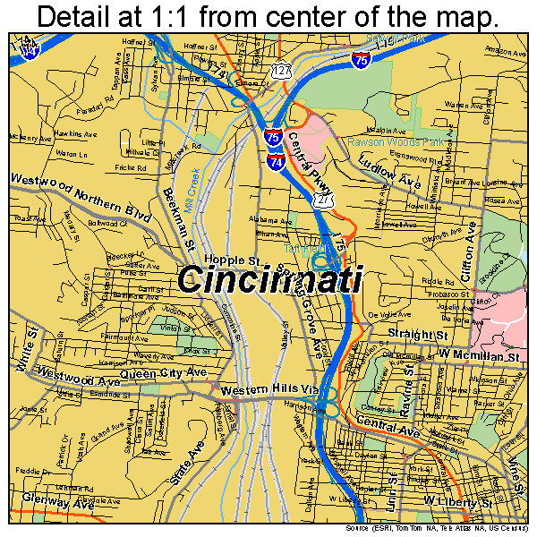 Cincinnati, Ohio road map detail