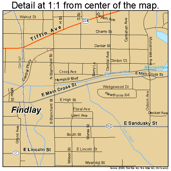 Findlay, Ohio road map detail