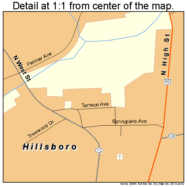 Hillsboro, Ohio road map detail