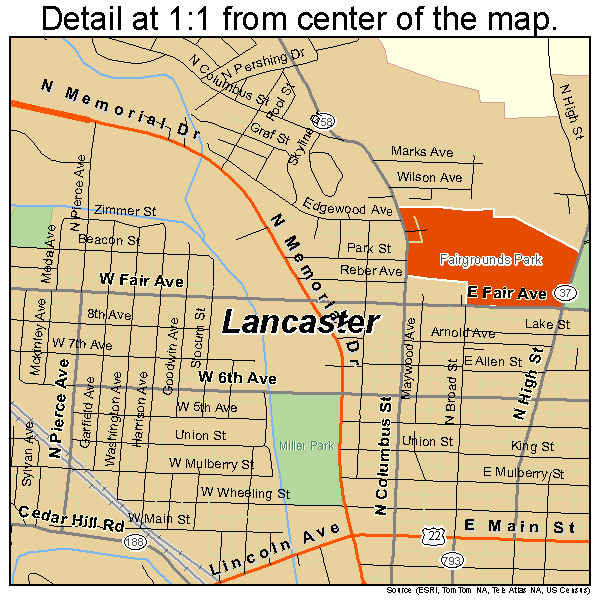 Lancaster, Ohio road map detail.