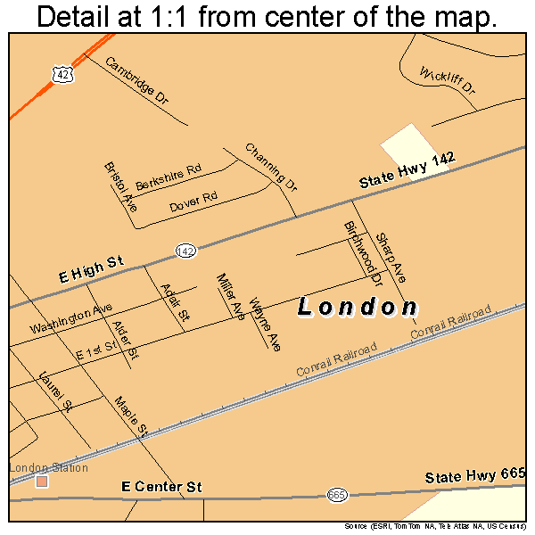 London, Ohio road map detail