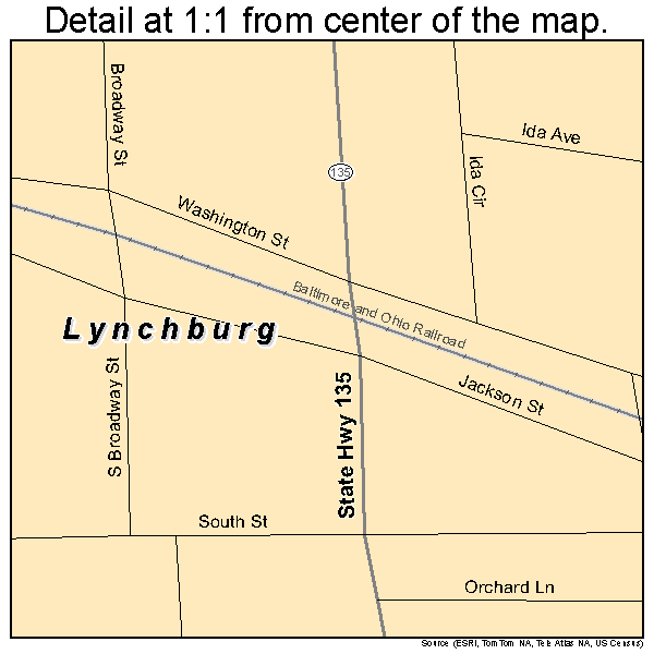Lynchburg, Ohio road map detail