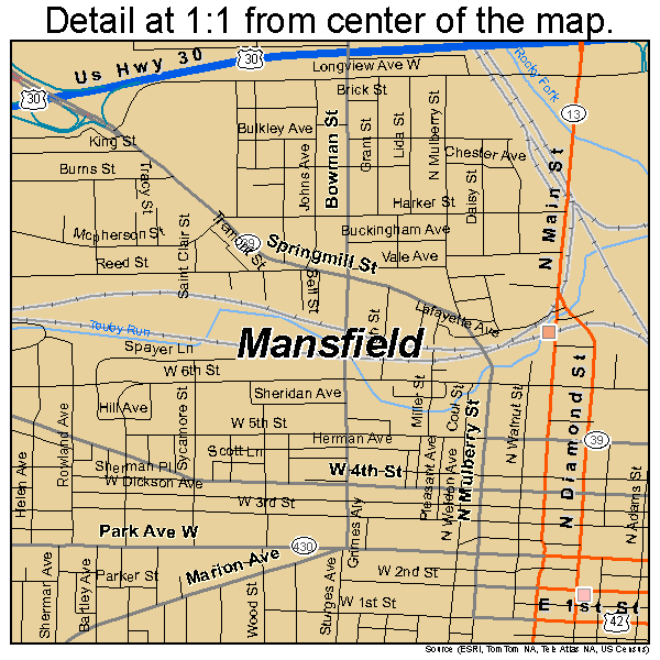 Mansfield, Ohio road map detail