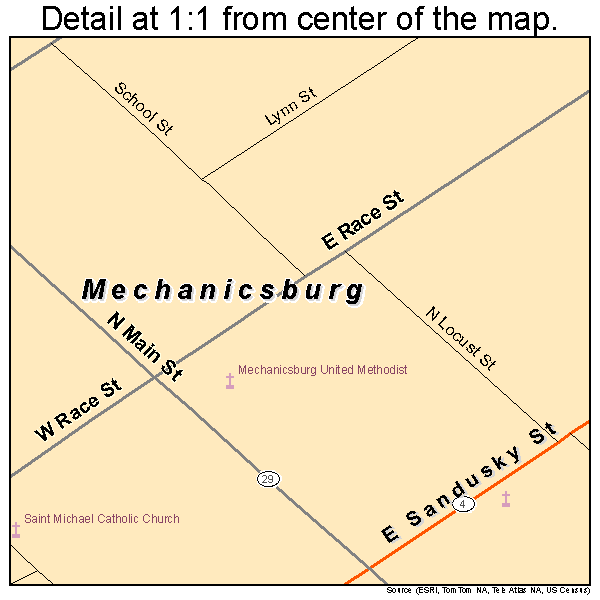 Mechanicsburg, Ohio road map detail