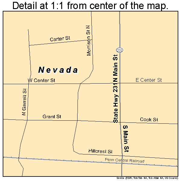 Nevada, Ohio road map detail