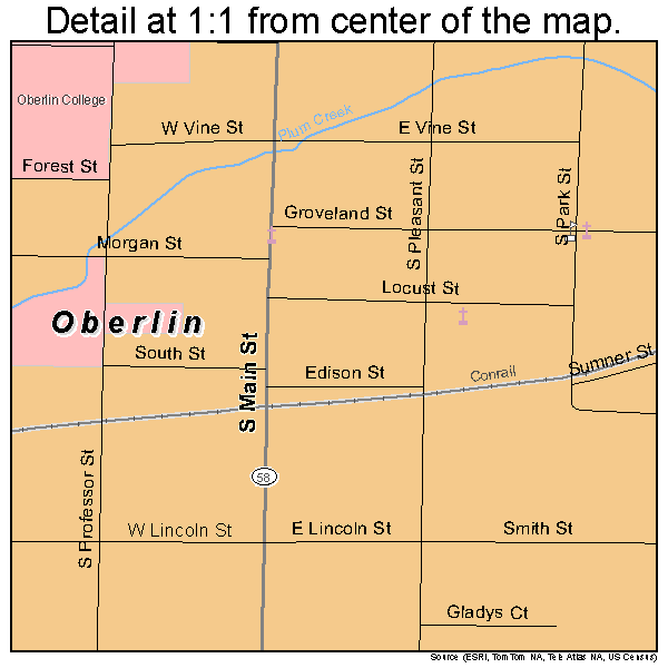 Oberlin, Ohio road map detail