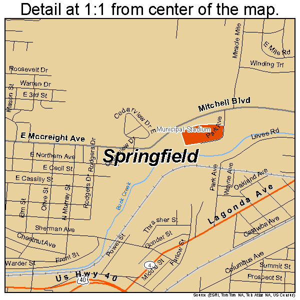 Springfield, Ohio road map detail