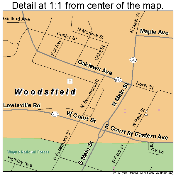 Woodsfield, Ohio road map detail