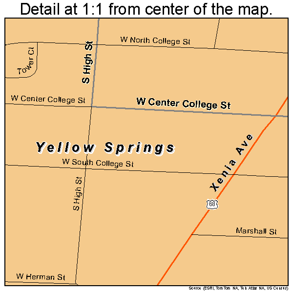 Yellow Springs, Ohio road map detail