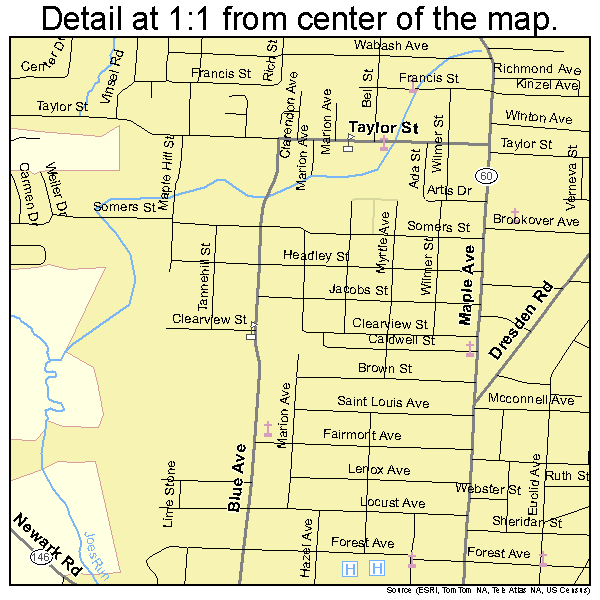 Zanesville, Ohio road map detail
