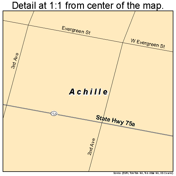 Achille, Oklahoma road map detail