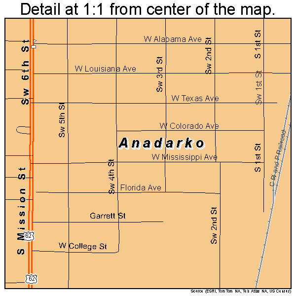 Anadarko, Oklahoma road map detail