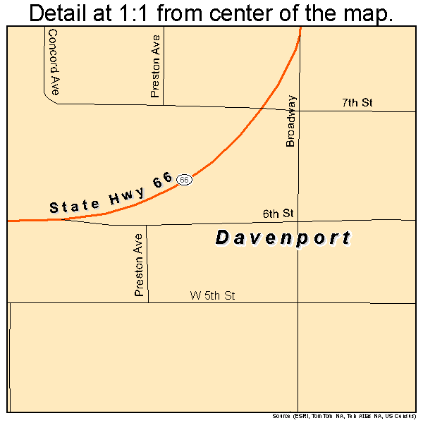 Davenport, Oklahoma road map detail