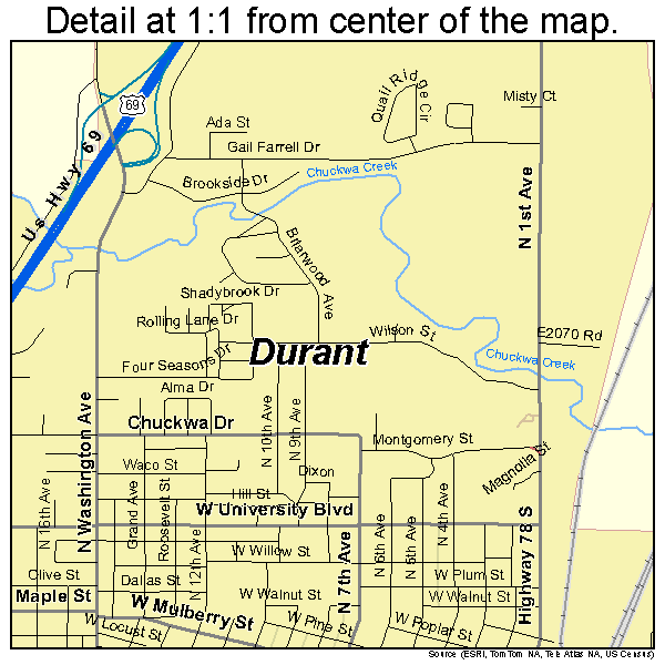 Durant, Oklahoma road map detail