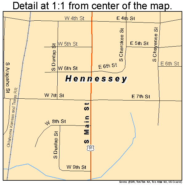Hennessey, Oklahoma road map detail