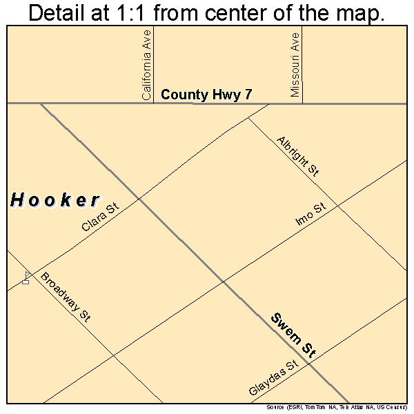 Hooker, Oklahoma road map detail