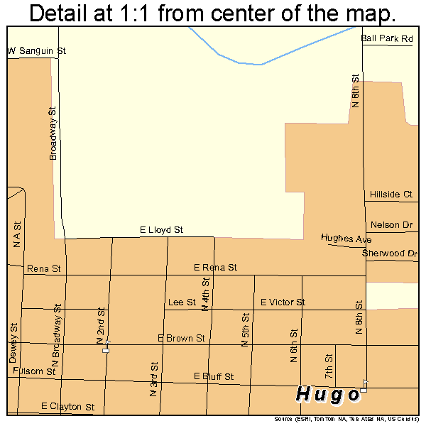 Hugo, Oklahoma road map detail