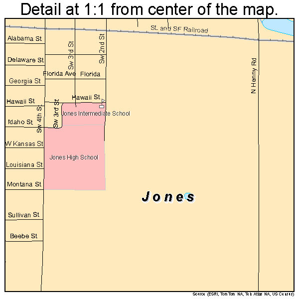 Jones, Oklahoma road map detail