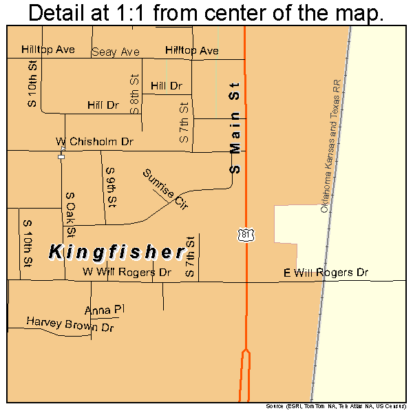 Kingfisher, Oklahoma road map detail