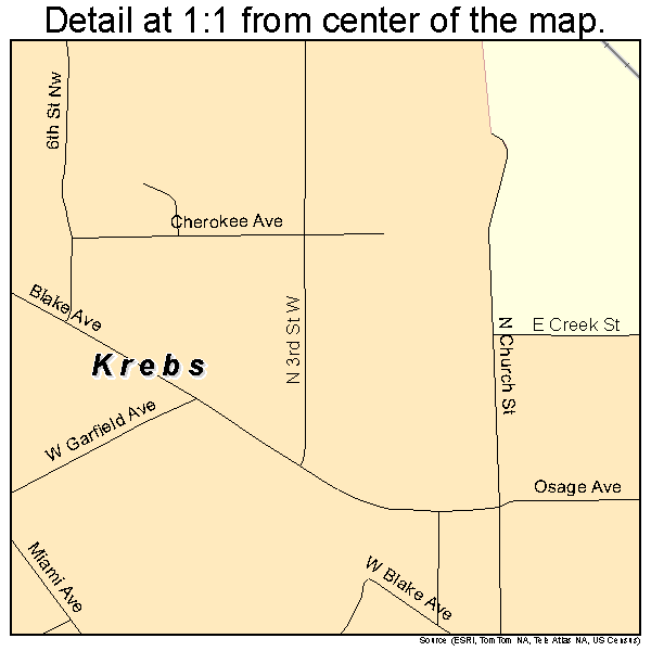 Krebs, Oklahoma road map detail