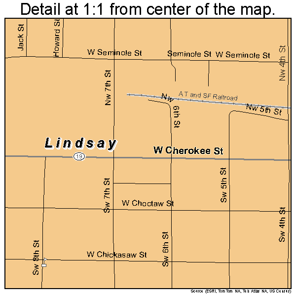 Lindsay, Oklahoma road map detail