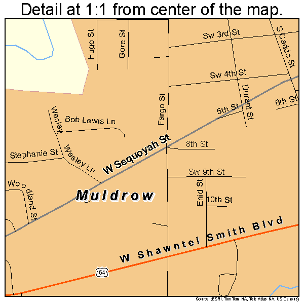 Muldrow, Oklahoma road map detail