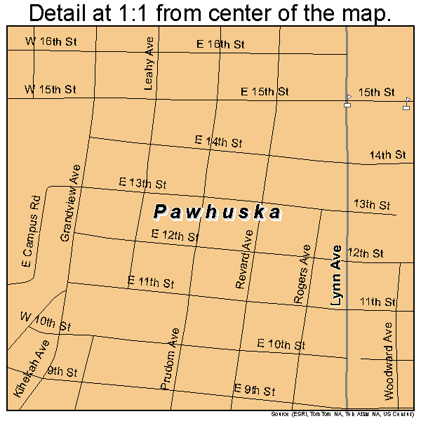 Pawhuska, Oklahoma road map detail
