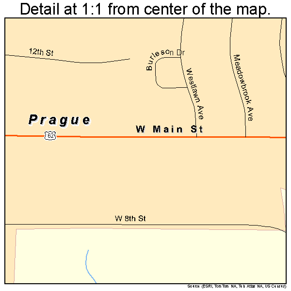 Prague, Oklahoma road map detail