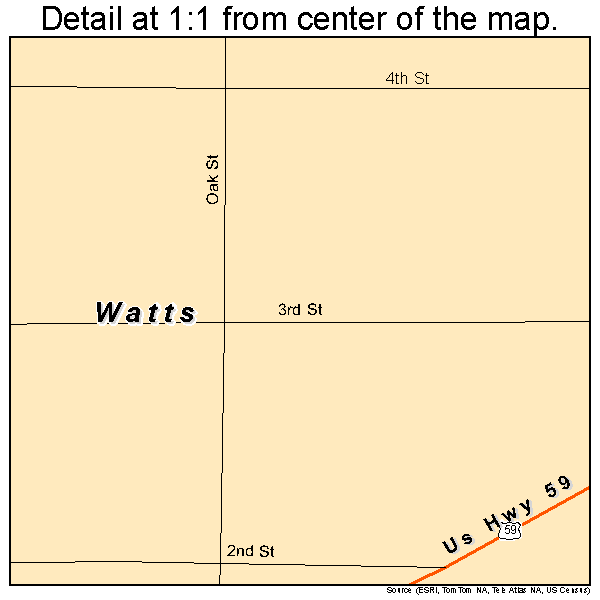 Watts, Oklahoma road map detail