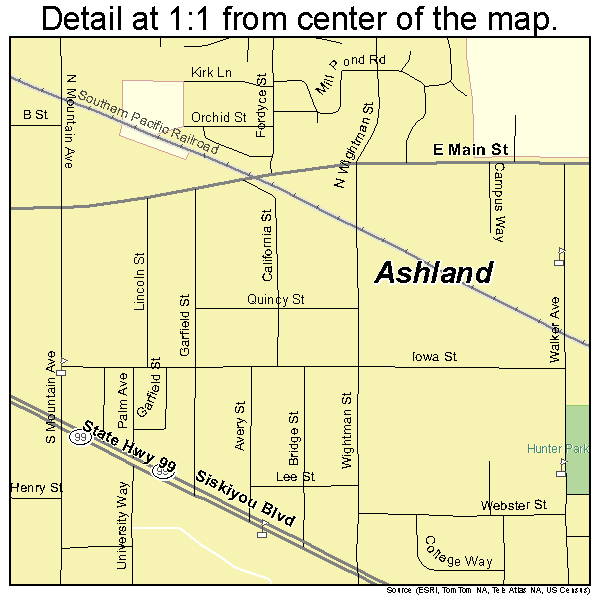 Ashland, Oregon road map detail