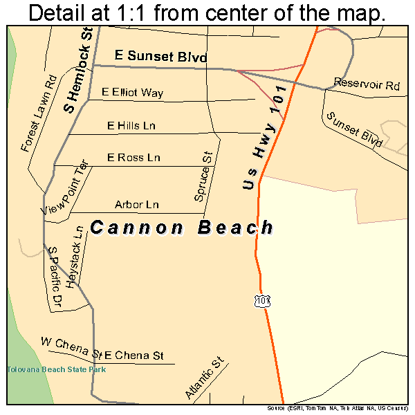 Cannon Beach, Oregon road map detail