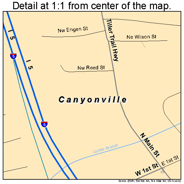 Canyonville, Oregon road map detail